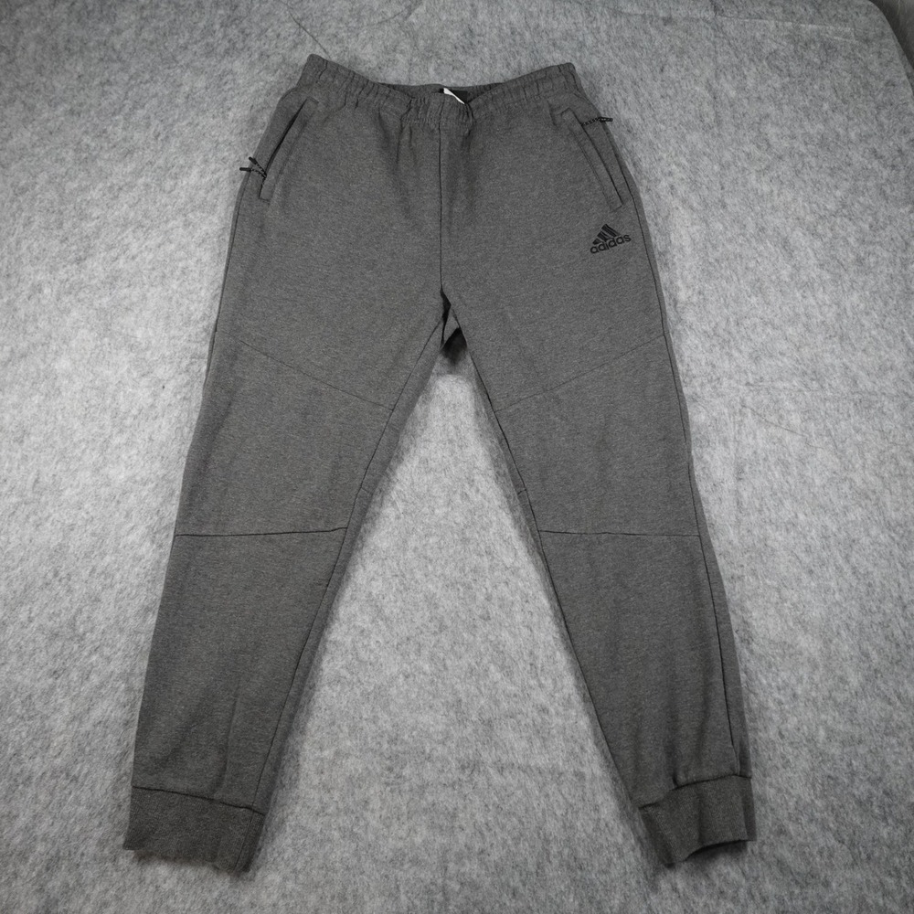 Adidas Pants Men Large Gray Heathered Fleece Joggers Zipper Pockets Athleisure